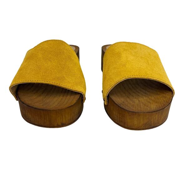 Seychelles Marine Layer Suede Mustard Wood Sandals Slip Ons 6.5 New - Picture 9 of 11